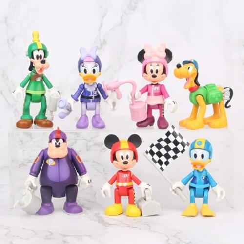 7pcs/set Disney Mickey Mouse Minnie Mouse Anime Figure Donald Duck Scene Racing Cake Decoration PVC Moedel Toys for Birthday