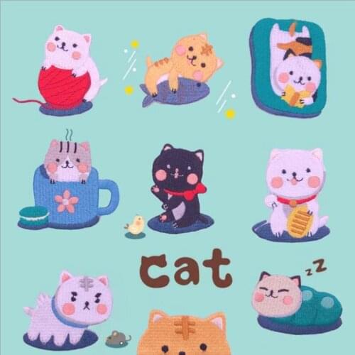 9pcs/Pack Cats Patterns Embroidery Patch Fabric Sticker For DIY T-Shirt Hat Clothing Bags Decoration Repairing Adhesive Label