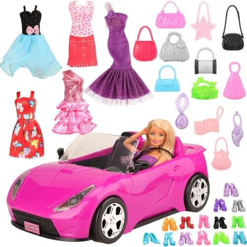 Handmade 26 item/set Doll Accessories = 1 Toy car +5 Dolls Clothes + Kids Toys For Girl 10 Random Shoes Objects For Barbie Game