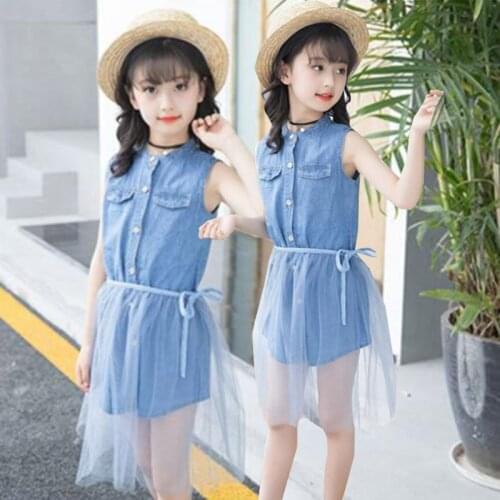 Kids' wear summer girl denim shirt + mesh yarn Half body skirt two-piece set fashion new wild 3-10 y child high-quality clothing