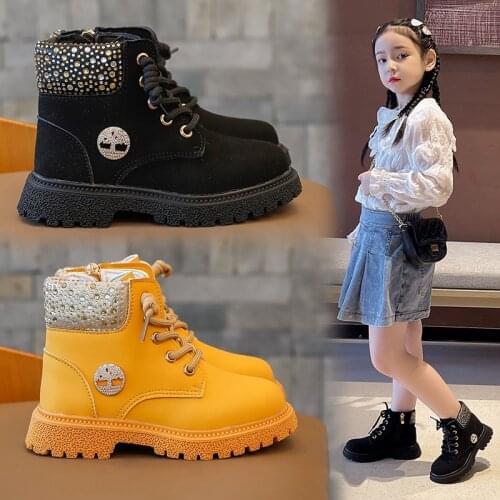 Children Boots Autumn Shiny Rhinestones Chelsea Boots Rubber Sole Girl Shoe Kids Shoes Warm Non-sli Shoes for Girl Pink Booties