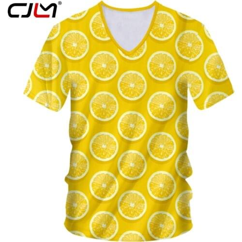 CJLM 3D Fruit lemon Yellow Mens V Neck Tshirt Printed Fresh Theme Man Tee Shirt Unisex Large Size Casual T-shirt