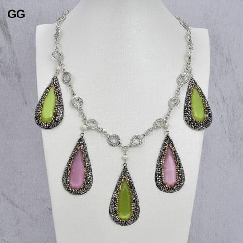 GuaiGuai Jewelry 20'' 29x57MM Green Pink Cats Eye White Pearl Necklace