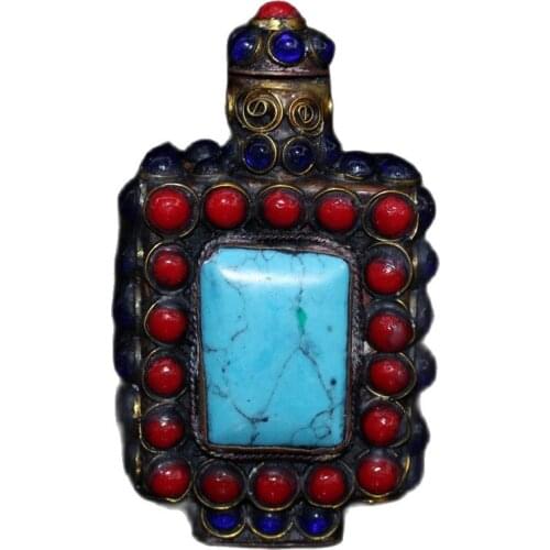 China old Beijing old goods Bead-embedded turquoise copper snuff bottle