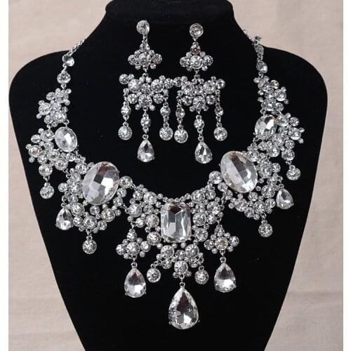 African Beads Jewelry Sets Big Rhinestone Water Drop Statement Necklace Earrings Set Classic Indian Crystal Bridal Jewelry Set