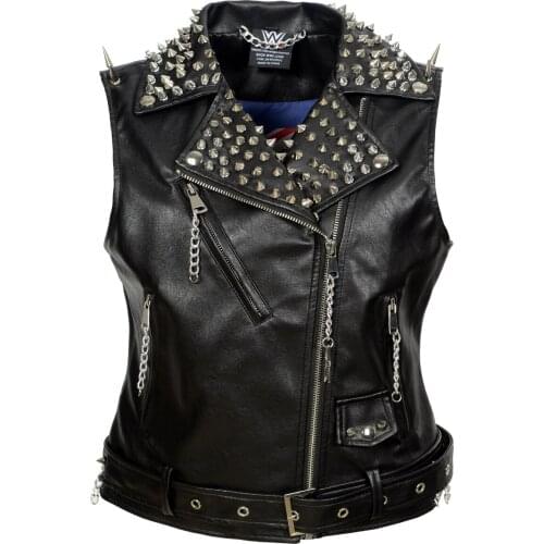 SX 2021 Winter Autumn Womens Faux Leather Graffiti Jacket Rivet Chain Slim Belt PU Zipper Coat Women Sleeveless MotoBiker Ves