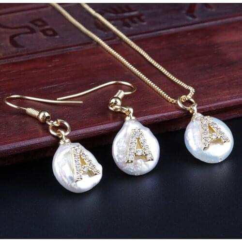 New Arrival Gold Micro Pave CZ Cubic Zirconia A-Z Letter Name Freshwater Pearl Pendant Gold Necklace Earring Women Jewelry Set