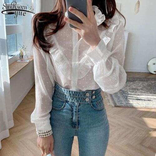 2021 Autumn New Ruffled Chiffon Blouse Women Long Sleeve Shirt Vintage See Through Single Breasted Shirt Ropa De Mujer 13575