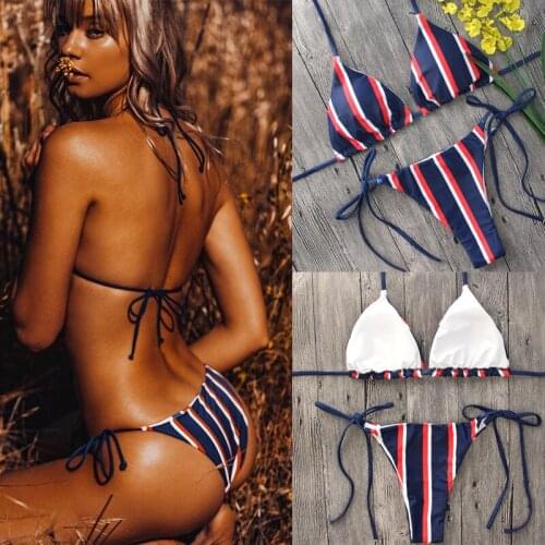 Summer New Women Striped Swimsuits Bandage Push Up Paded Bikini Set Hot Bathing Suit Beach Swimwear