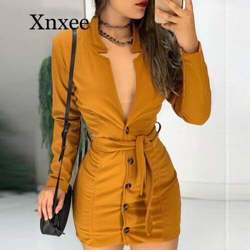 Long Sleeve Plunge Buttoned Bodycon Dress