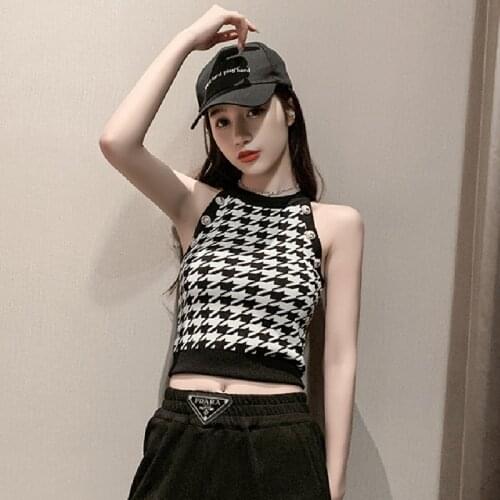 Autumn Summer Womens T-shirt 2021 New Thousand Bird Lattice Button Decorative Hollow Bottomed Knitted Skinny Waistcoat For y2k