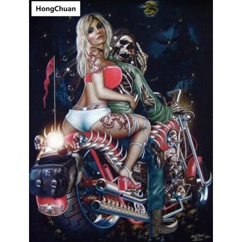 Couple motorcycle cartoon skull male full square round diamond painting cross stitch 5D DIY rhinestone mosaic embroidery