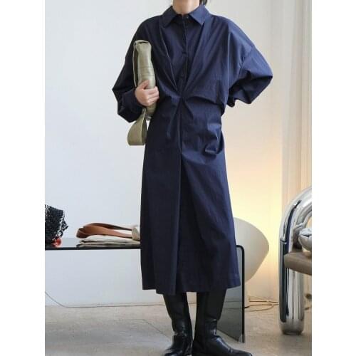 Cotton New Early Autumn Shirt Dress White Simplicity Dress Party Long Fashionable Women Dresses Navy Loose Robe Vestido pure