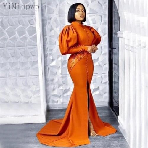 YiMinpwp Orange Mermaid Evening Dresses High Collar Long Sleeve Backless Sweep Train Front Split Appliques Formal Women Gowns