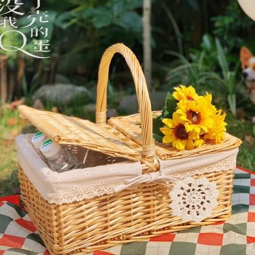 Wicker Handmade Woven Rattan Basket with Lid and Handle Camping Picnic Shopping Food Fruit Picnic Basket Home Storage Organizer