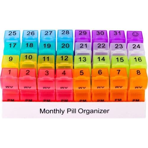 Rainbow Monthly Pill Organizer 32 Compartments Dispenser Storage Box Caddy