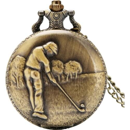 Retro Bronze 3D Golfing Theme Quartz Fob Pocket Watch With Necklace Chain Best Gift for Pocket Watch To Golfer Men With Necklace