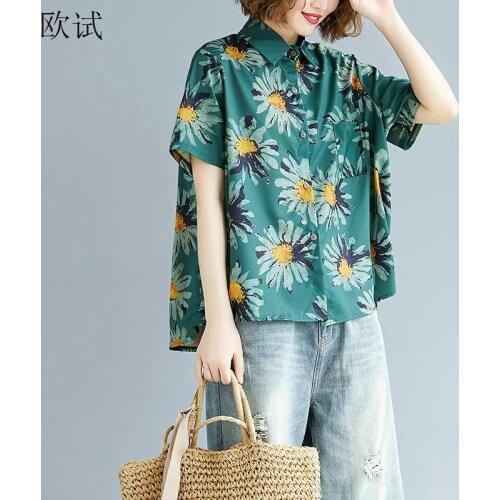 Plus Size Boho Cotton Linen Shirt Women 2020 Summer 4XL Short Sleeve Womens Shirts Oversized Ladies Casual Flower Shirt Camisa