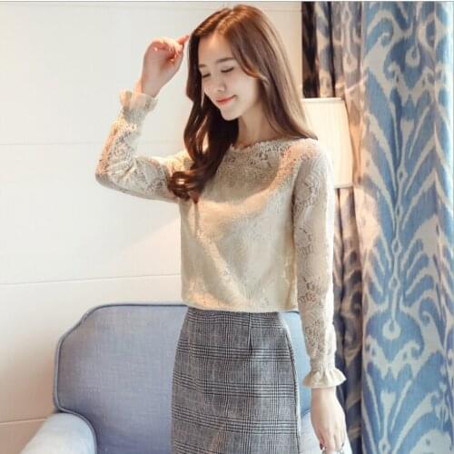 2018 long sleeves Slim Lace women puff Sleeve Round Collar solid Lace women clothing