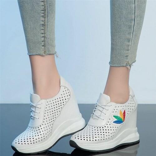 2021 Summer Fashion Sneakers Women Lace Up Genuine Leather Wedges High Heel Ankle Boots Female Round Toe Pumps Shoes Casual Shoe