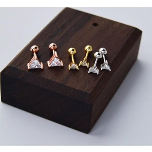 925 Sterling Silver Earring Triangle Zircon Screw Stud Ear Sweet Cute Temperament Ear Bone Nail Female Girl Silver Ear Jewelry