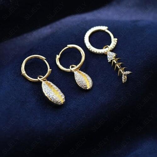 SLJELY Real 925 Sterling Silver Yellow Gold Color Mono Conch Shell Fishbone Seahorse Earring Pave Zircon 1PC Women Fine Jewelry