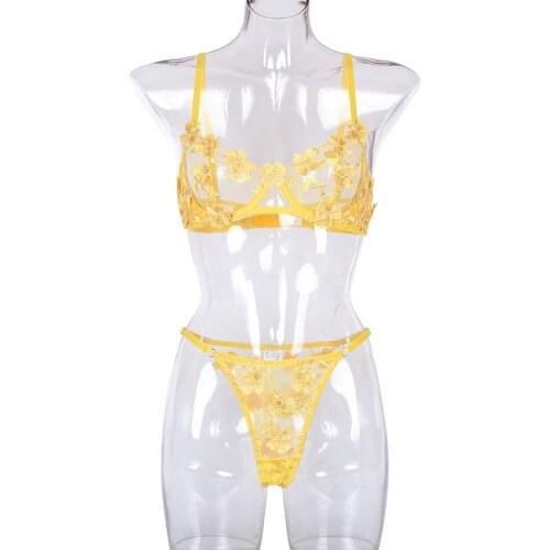 Women Lace Lingerien Embroidered See Through Transparent Strap Bralette Bra and Panty Lingerie Brief Set Floral Sheer Underwire