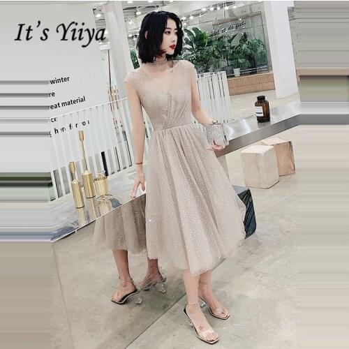 Its Yiiya Prom Dress Plus Size V-neck Shining Formal Gowns Elegant Tea Length Sleeveless Dresses Women Vestidos De Gala LF225