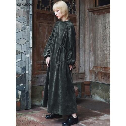 Cakucool Plus Size Womens Swing Ladies Party Skater British Retro Corduroy Design Sense Drawstring Half High Neck Dress