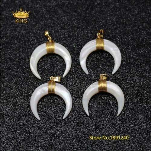 10pcs/lot White Shell Double OX Horn Fashion Pendants Jewelry,Wire Wrapped Gold Copper Crescent Moon Shell Chakra Necklace GH36