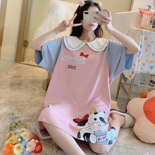 2021 Summer Short Sleeve 100% Cotton Nightgowns for Women Korean Cute Cartoon Sleepwear Night Dress Nightdress Home Dress Nighty