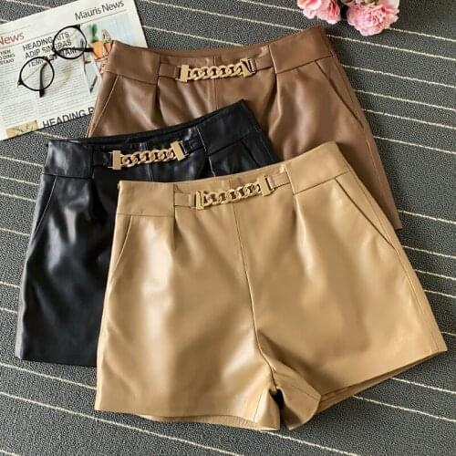 2021FW Autumn Luxury New Women Chains Sheepskin Genuine Leather Shorts Pants 4 Color For Female