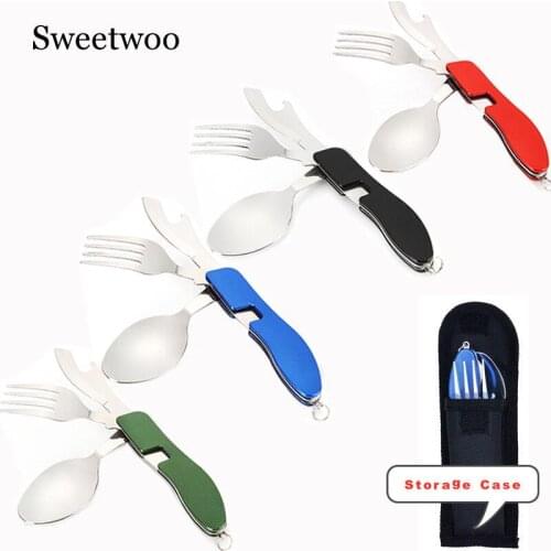 4 In 1 Outdoor Tableware (Fork/Spoon/Knife/Bottle Opener) Camping Stainless Steel Folding Pocket Kits For Hiking Survival Travel