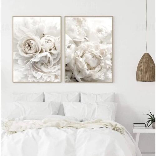 White Romantic Flower Home Decoration Painting Rose Peony Elegant Living Room Wall Canvas Art Poster Garden Nordic Bedroom Print