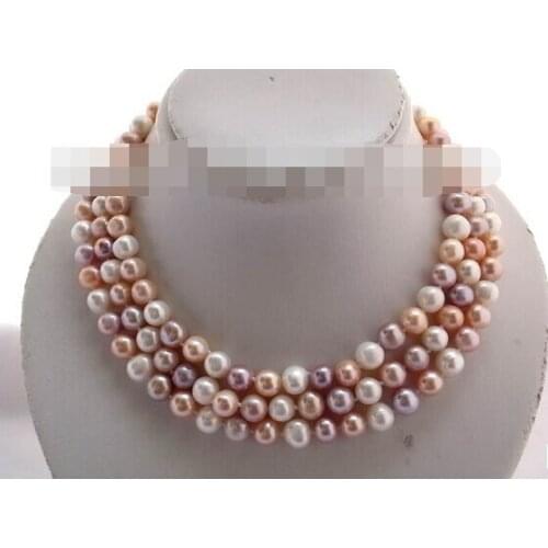 FREE SHIPPING>>>3strands17-19"10mm round pink white purple FW pearl necklace shell flower clasp