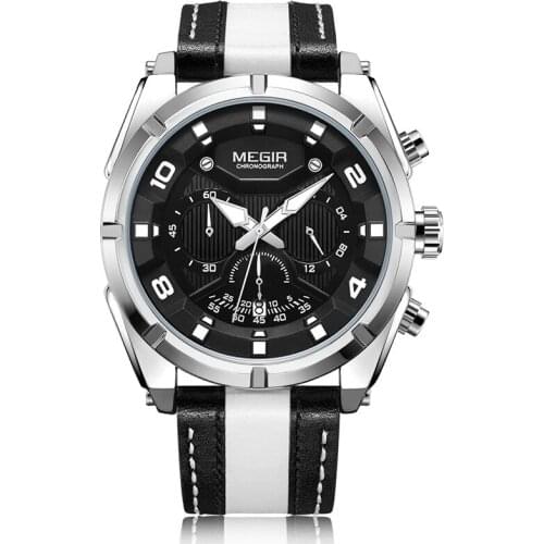 MEGIR 2076 Fashion Mens Chronograph Quartz Watches Leather Strap Luminous Hands Clock Luxury Business Mens Wristwatches