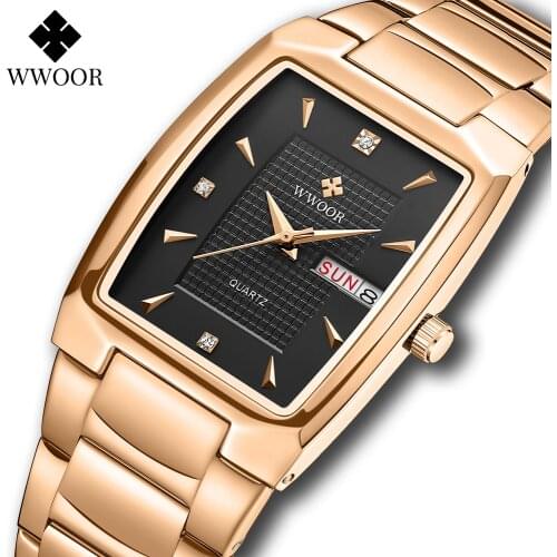 2021 New WWOOR Luxury Square Watch For Men Sports Business Quartz Wrist Watch Man Fashion Waterproof Auto Week Date Reloj Hombre
