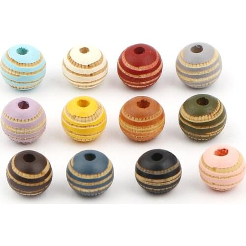 Doreen Box 10mm Wood Spacer Beads Round Ball Gold Color Stripe Loose Beads for Jewelry Making DIY Bracelet Necklace,20PCs