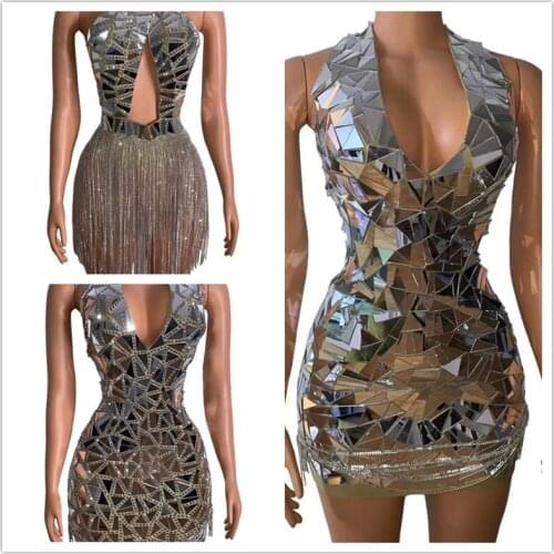 H179 Sequins Mirrors Bodysuit Tight Sexy Sleeveless Tassels Backless Slim Pole-Dancer Model Show Nightclub Fashion Performance