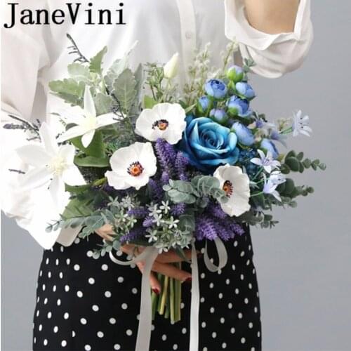 JaneVini Ramo De Novia Blue Wedding Bouquet Artificial Dried Flowers Vintage White Silk Flower Bridal Bouquets Rose Mariage 2019
