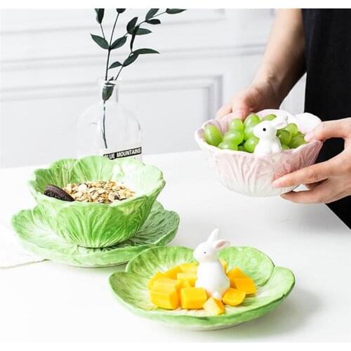 Ceramics Rabbit Bowl Cartoon Animal Fruit Salad Dessert Bowl Bunny Rice Noodle Bowl Food Tray For Kids Cutlery Kitchen Tableware