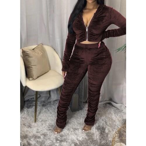 Echoine Velvet Zipper Hooded Jacket Crop Top and Ruched Pleated stacked pants Two Piece Set V-neck Sexy Bodycon Tracksuit New