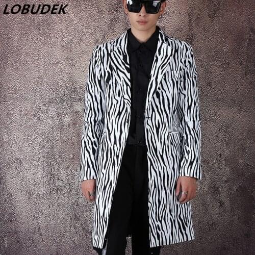 Korean Style Tide Popular Long Blazer Zebra Pattern Fashion Slim Fit Long Coat Men DJ Singer Dancer Concert Stage Costume