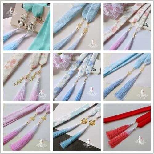 Chinese Clothing Ancient Costume Antique Style Chinese- Style Printed Gradient Tassels Hair Band Headdress Ribbon