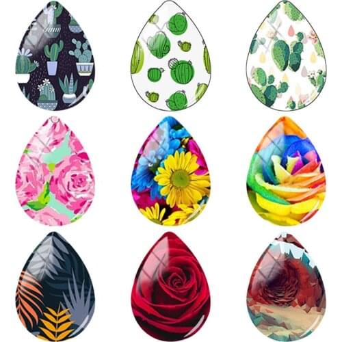 TAFREE Full of vitality 18x25mm Cactus flower leaf Handmade Tear Drop Shape Glass Cabochon Dome Flat Back Jewelry Making ZY147