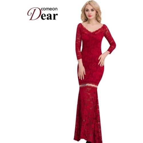 VA1039 Comeondear Lady Fashion Dress Black Red Sexy Transparent Lace Long Dress V-neck Long Sleeve Evening Gown Maxi Dress