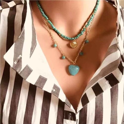 Bohemian fashion fashion temperament womens Love Pendant rice grain pine stone necklace collarbone chain wholesale