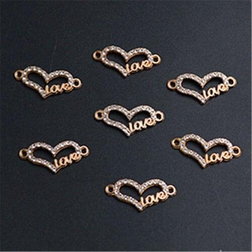 WKOUD 6pcs kc gold hollow handmade rhinestone love heart charm bracelet necklace DIY metal jewelry alloy connectors A1315
