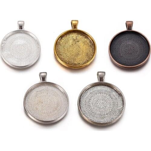 10pcs Mixed Color Flat Round Alloy Cabochon Blank Pendant Settings Base Bezel Trays Blank for Jewelry Making Tray: 30mm 41x32x4m