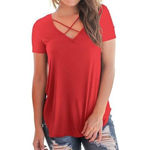 2021 Summer New Plus Size Short Sleeve T Shirt Women Front Chest Cross V-neck Tops Ladies Casual Loose Cotton T-shirt